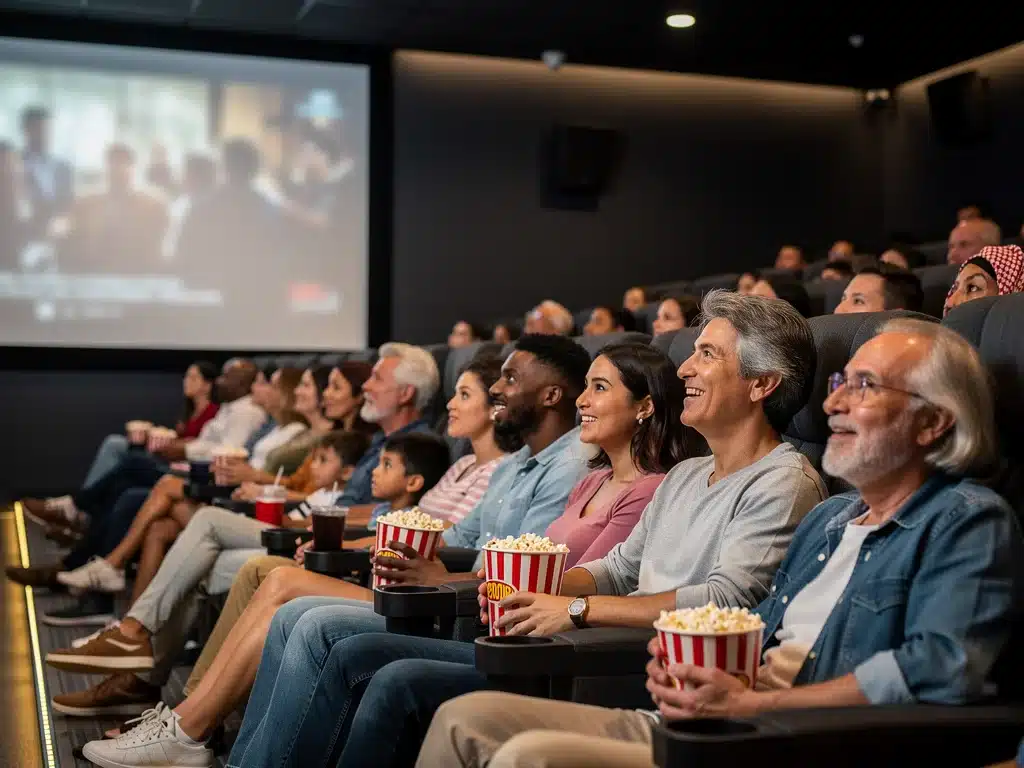 Diverse audience watching a film, symbolizing global cinematic appeal.