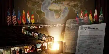 Global cinema screen displaying diverse films with US regulatory documents and international flags superimposed, representing the impact of new US content regulations on international film exhibition.