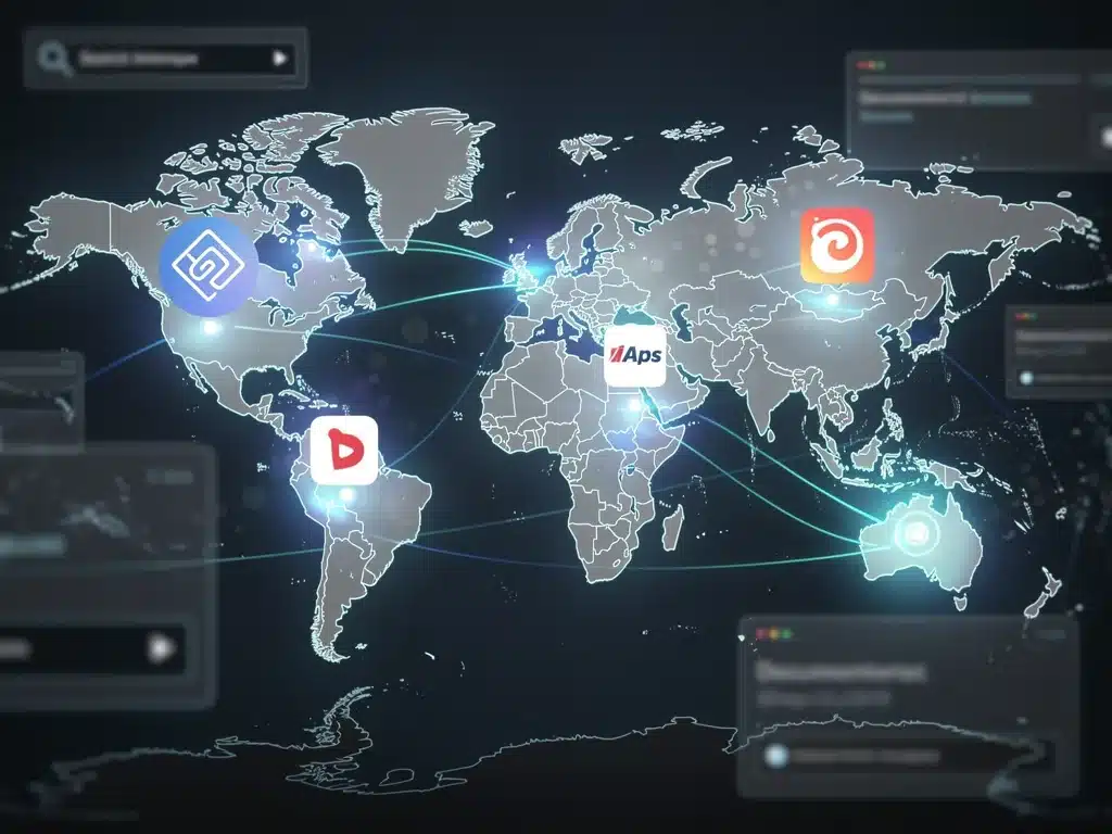 World map with streaming service logos connecting global content