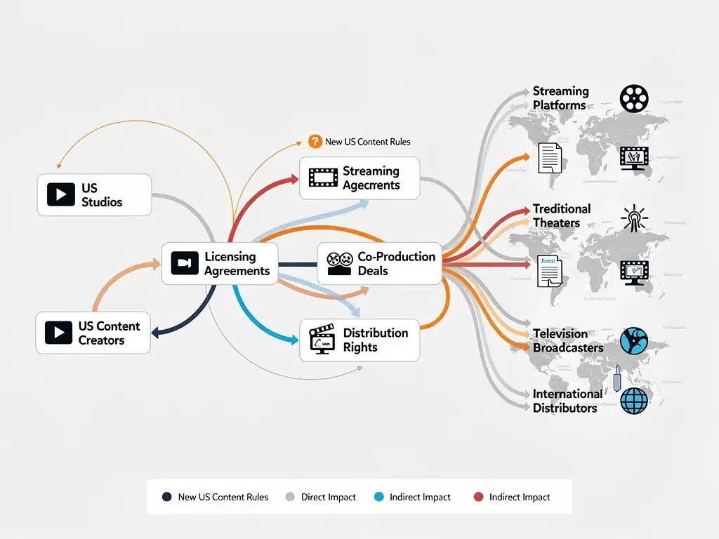 Complex network of international film distribution channels showing altered pathways due to new US content regulations, including streaming and theatrical releases.