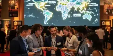 International filmmakers network at a festival, discussing global film financing opportunities for U.S. producers.