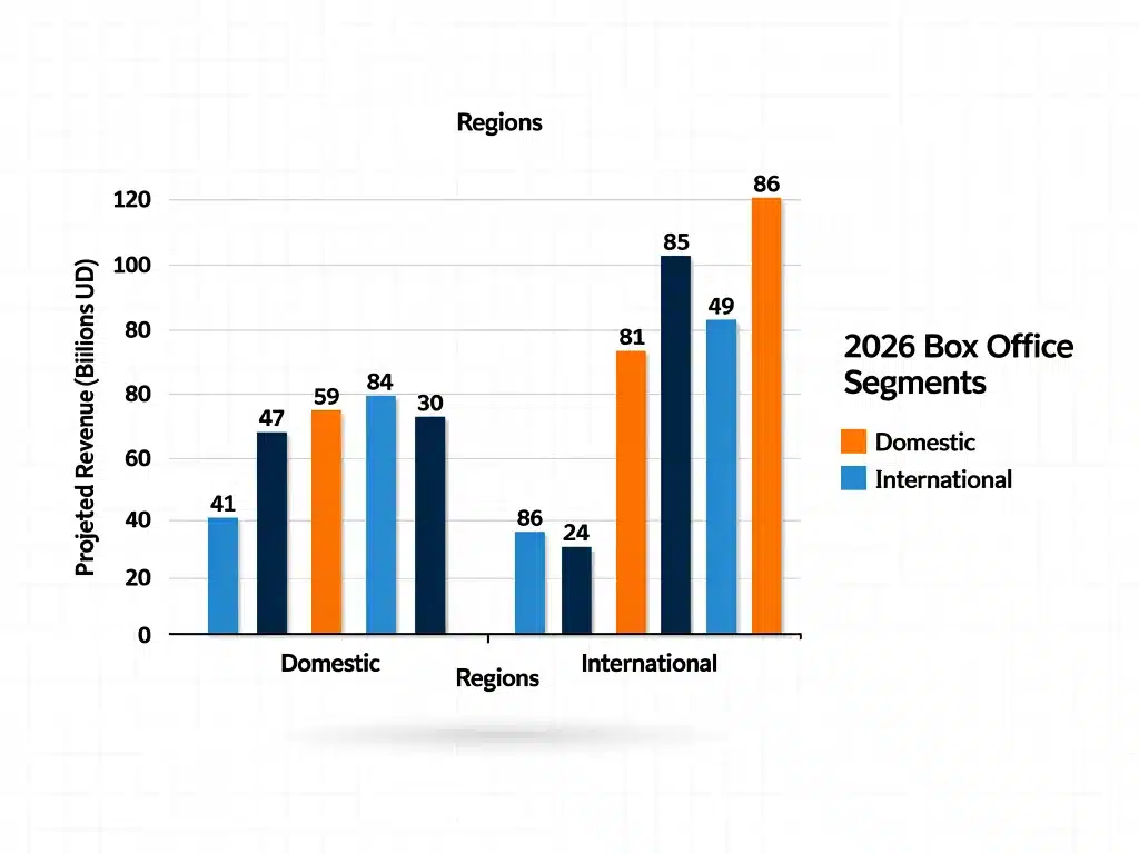 Projected 2026 box office revenue trends for international versus domestic markets.