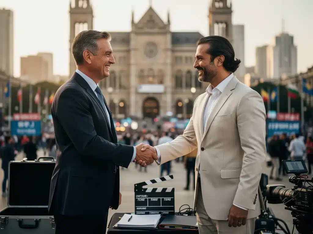 US film producer seals deal with international partner, symbolizing cross-border film collaboration.
