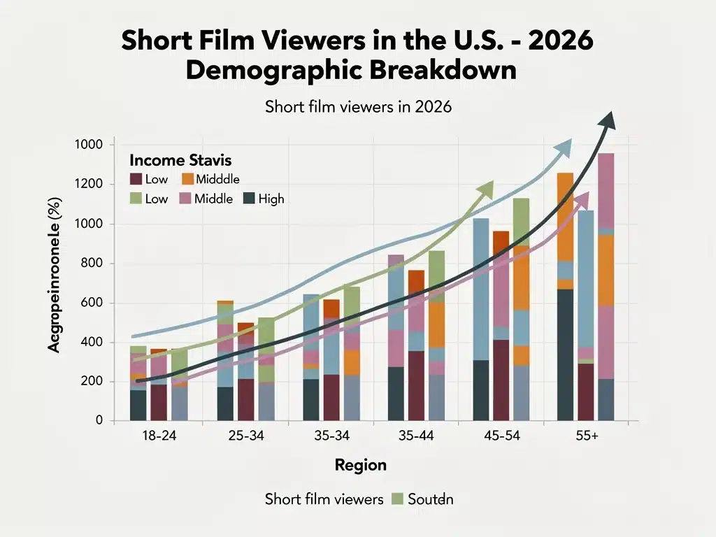 Demographic breakdown of 2026 US short film viewers by age and region.