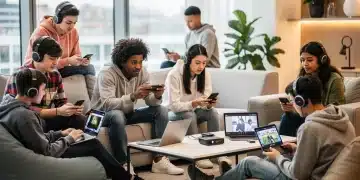Diverse US audience watching short films on digital devices.