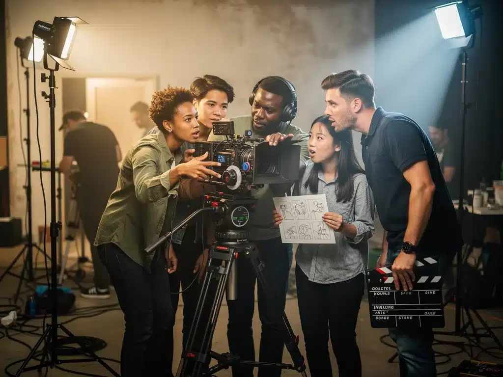 Diverse film crew collaborating on a short film set, discussing technical aspects.