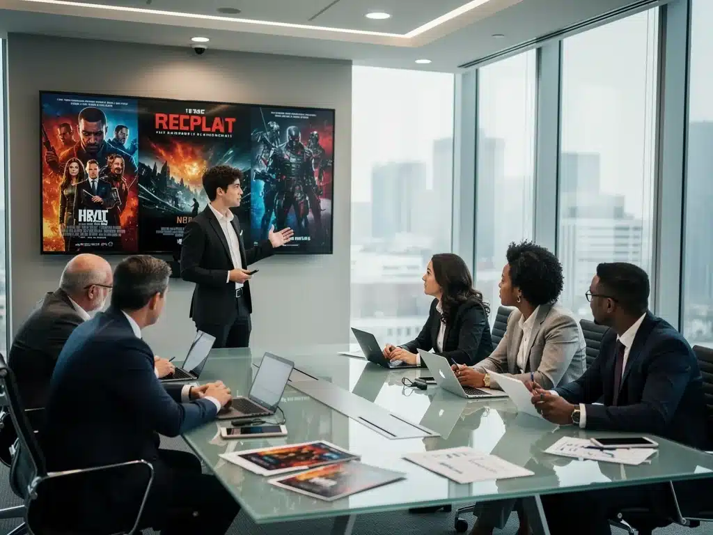 Filmmaker presenting a short film pitch to industry executives for funding and talent.